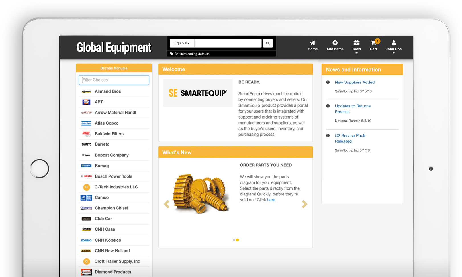 SmartEquip Procurement — home dashboard on iPad